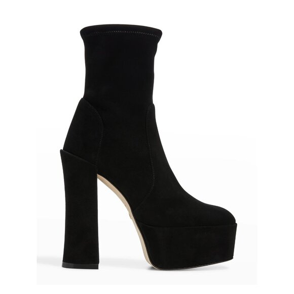 $900 STUART WEITZMAN Skyhigh Stretch Suede Platform Booties BLACK 6.5 (2) (PB28) - Picture 1 of 7